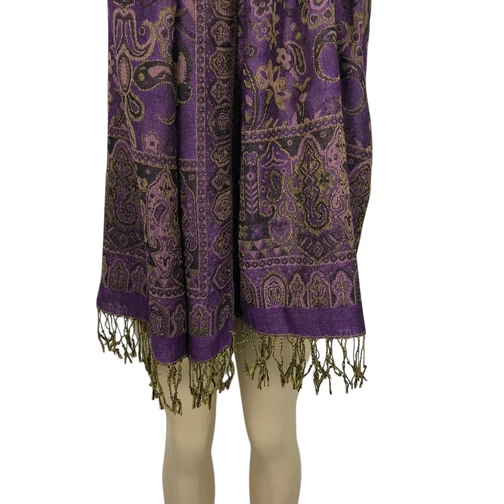 Reversible Boho Purple Paisley Print Pashmina Scarf Fringe Rave Festival Wrap